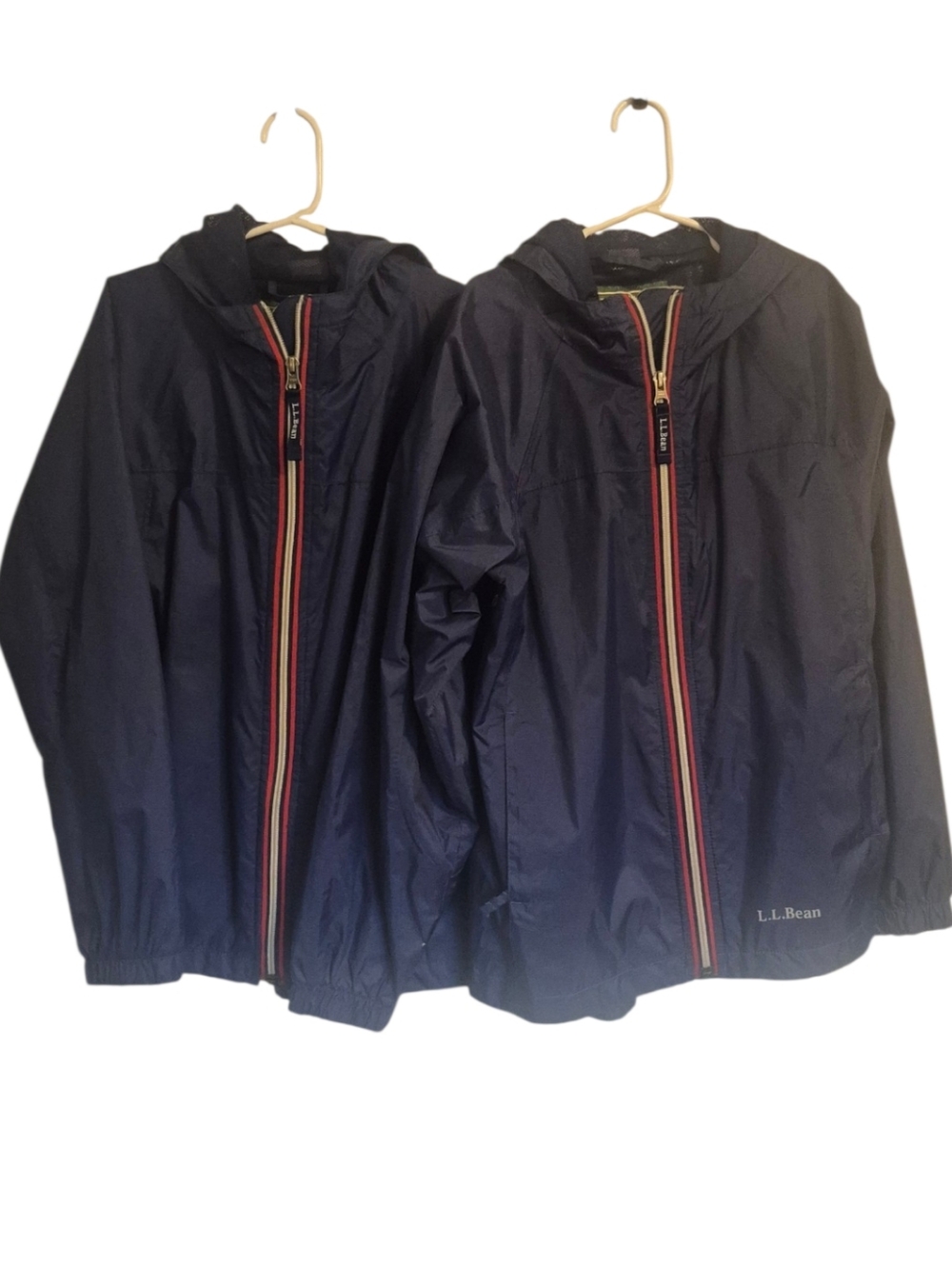 2, L.L. Bean Kids' Navy Hooded Raincoat with Red & White Contrast Zip Twins